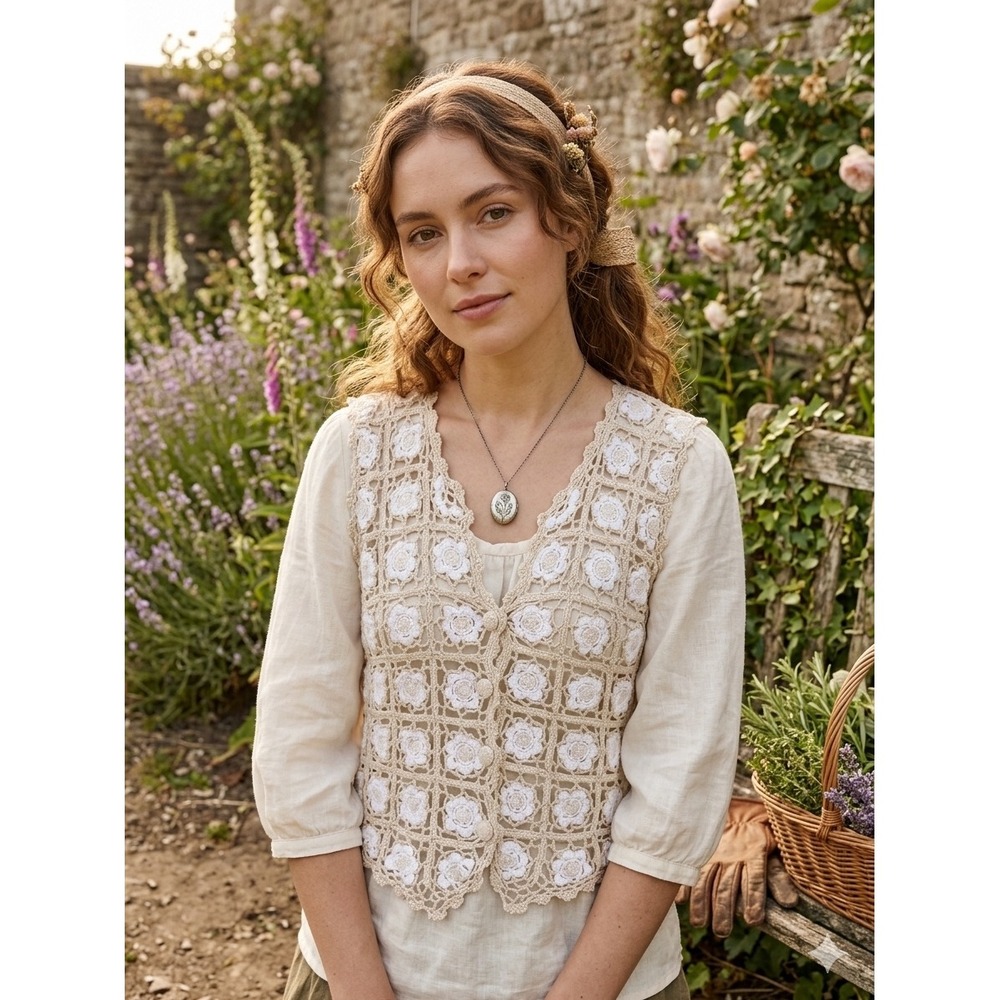 Vintage 90s Crochet Floral Vest Women S Neutral Boho Cottagecore Country Prairie
